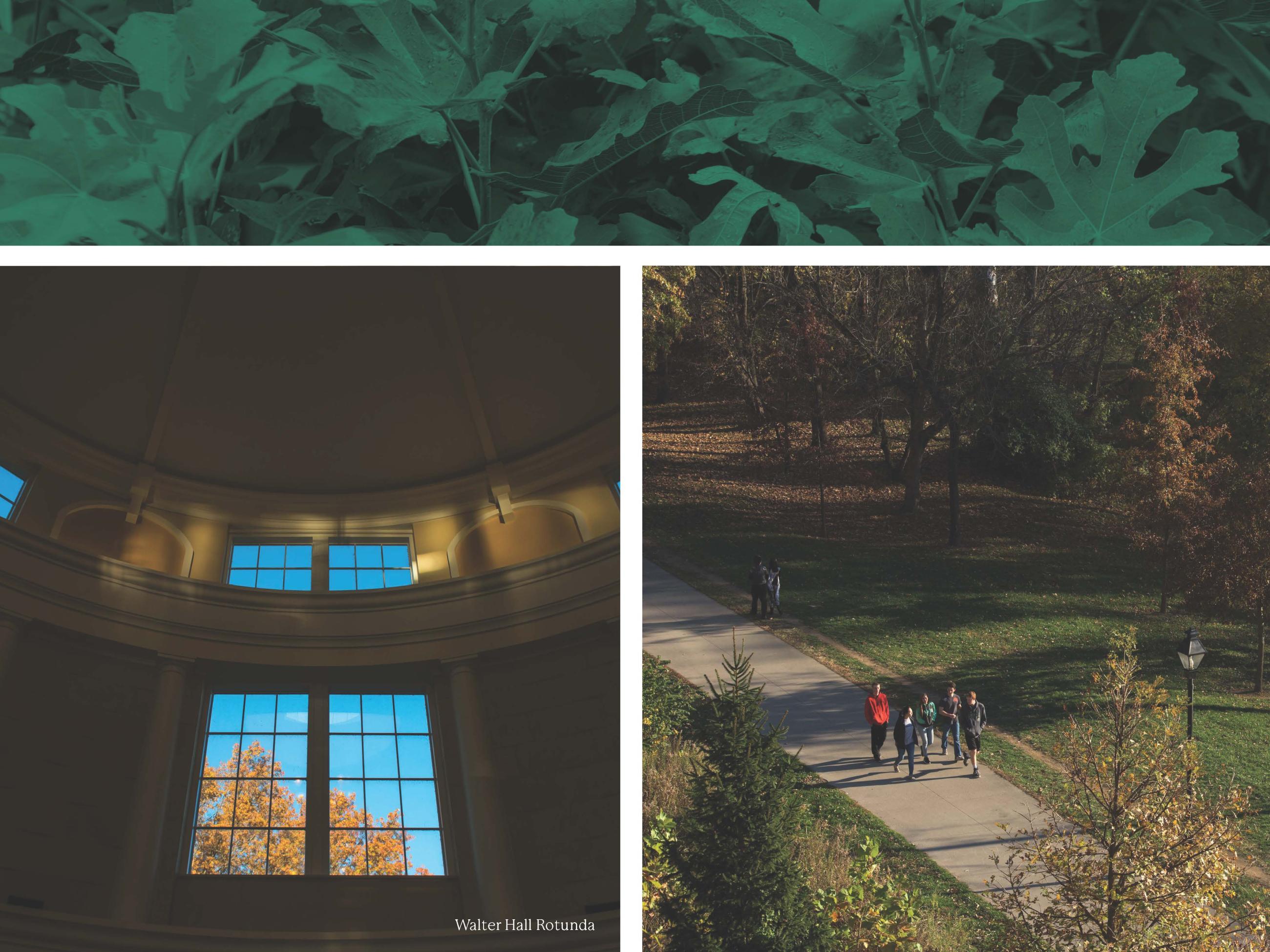Walter Hall Rotunda and another image of students walking near Emeriti Park