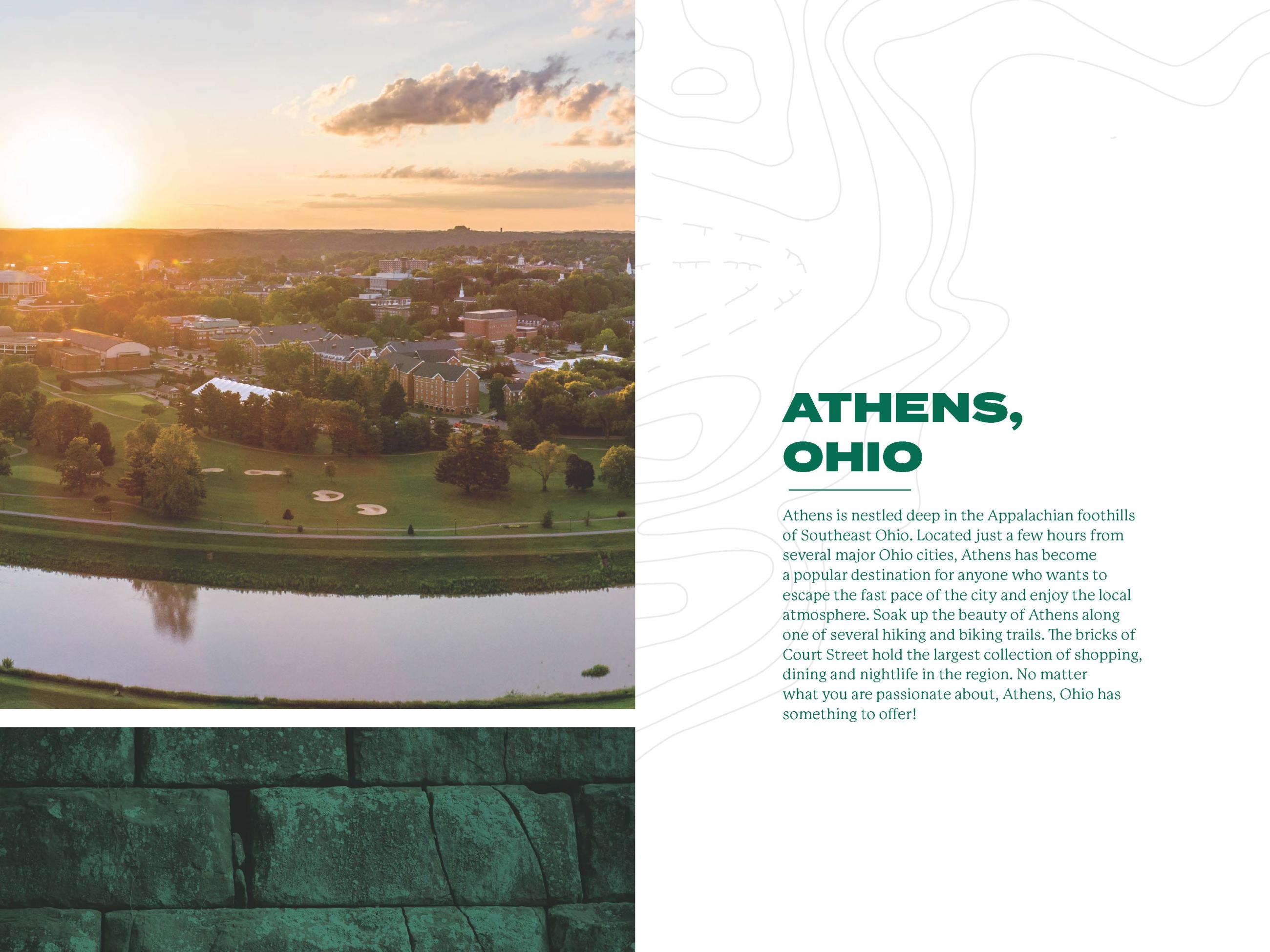 aerial view of South Green from the Hocking river with text on the right side