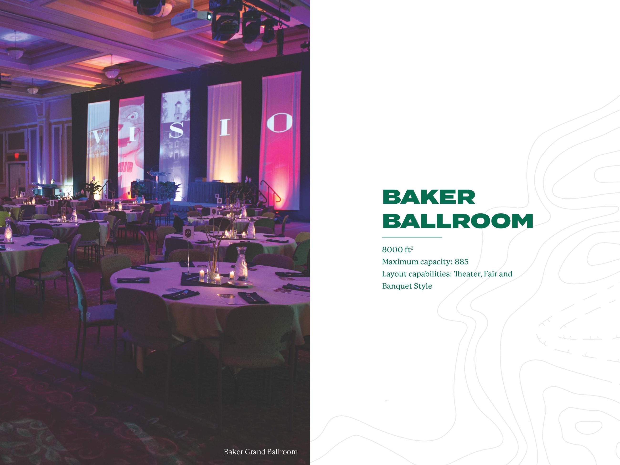 an event set up in Baker Ballroom (tables and chairs with darker lighting)