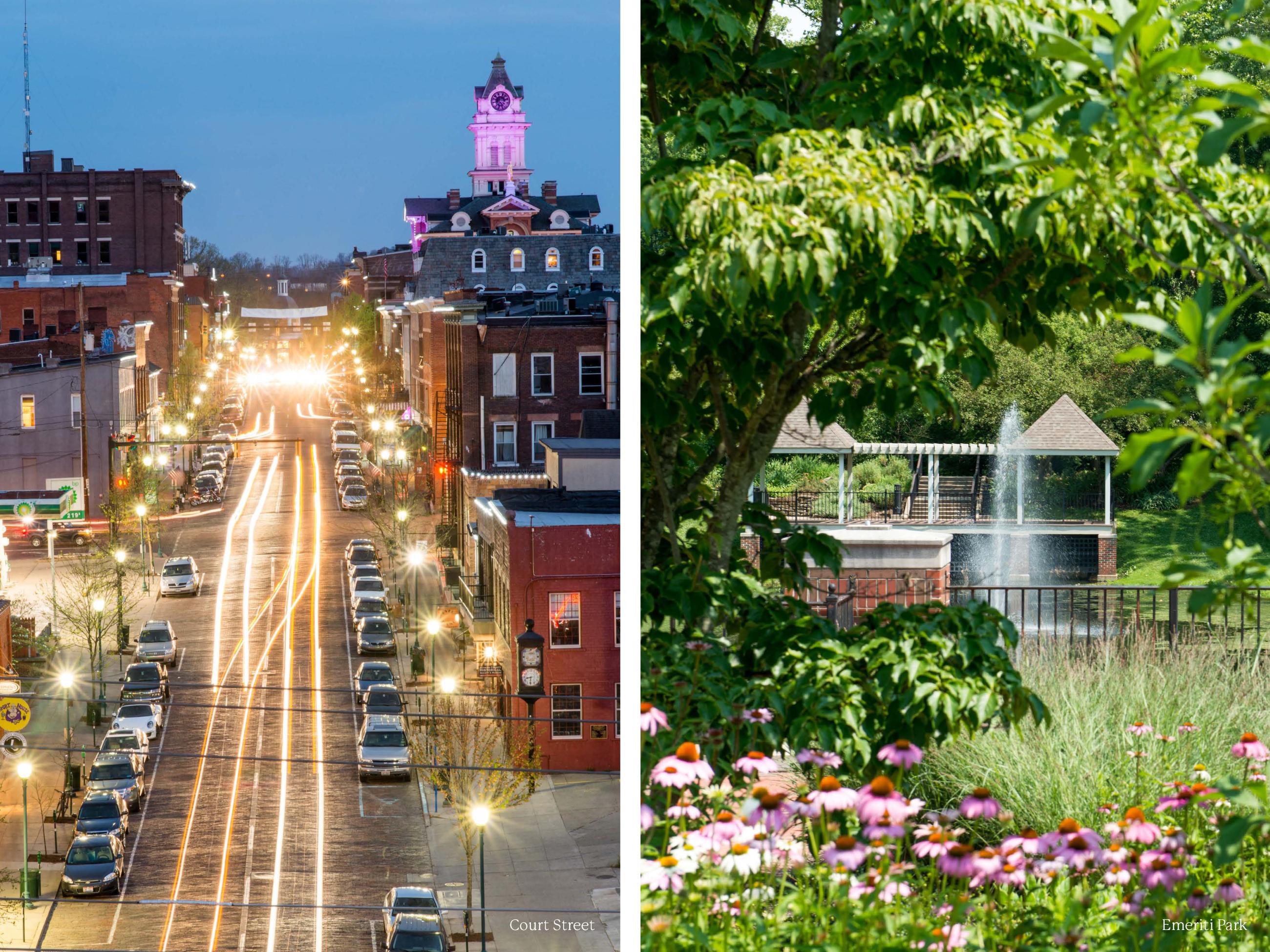 night shot of Court Street and another picture of Emeriti Park in the spring