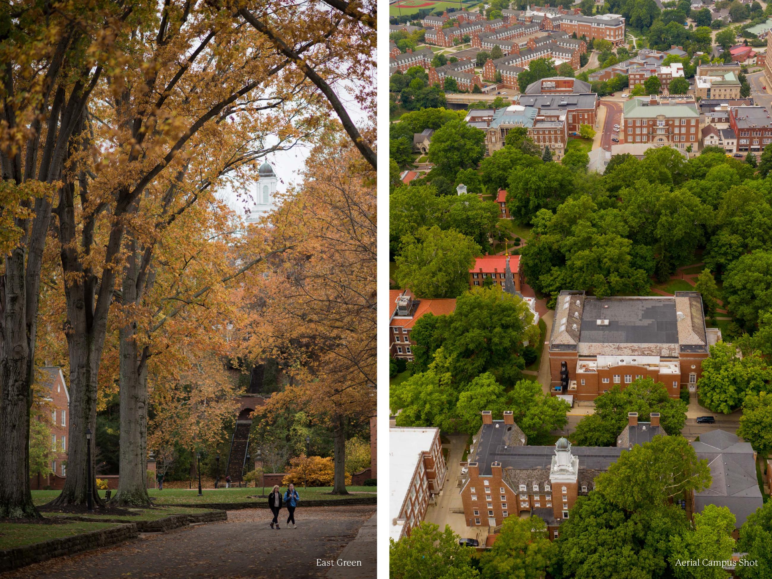 students walking on East Green during the fall season and anothe rpicture of an aerial shot of campus overlooking East Green