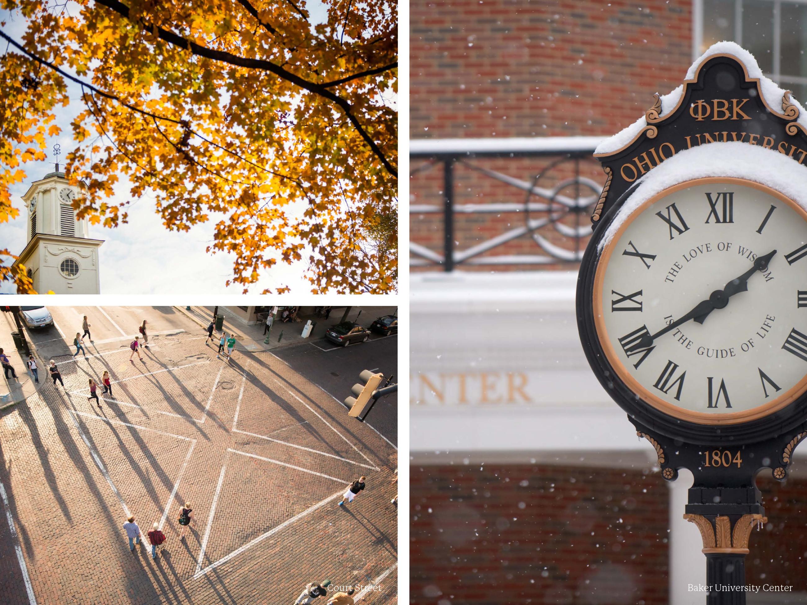 three photos; one of the clock tower through fall foliage, another of students walking across Court Street and the other of a snowy OHIO UNIVERSITY clock