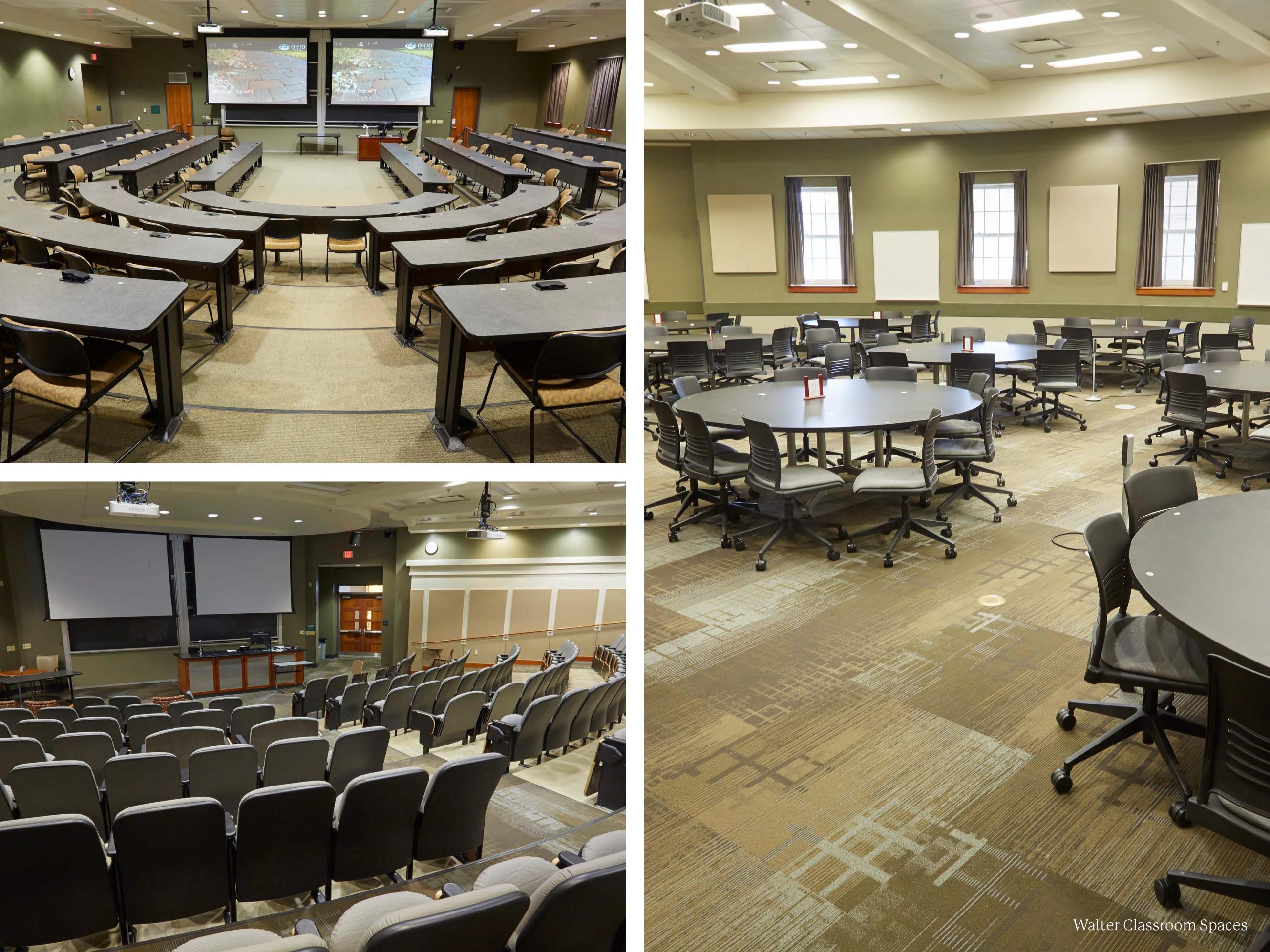 three photos of Walter classroom spaces. One of desks and chairs, one of theater style setting, and another with table rounds and chairs