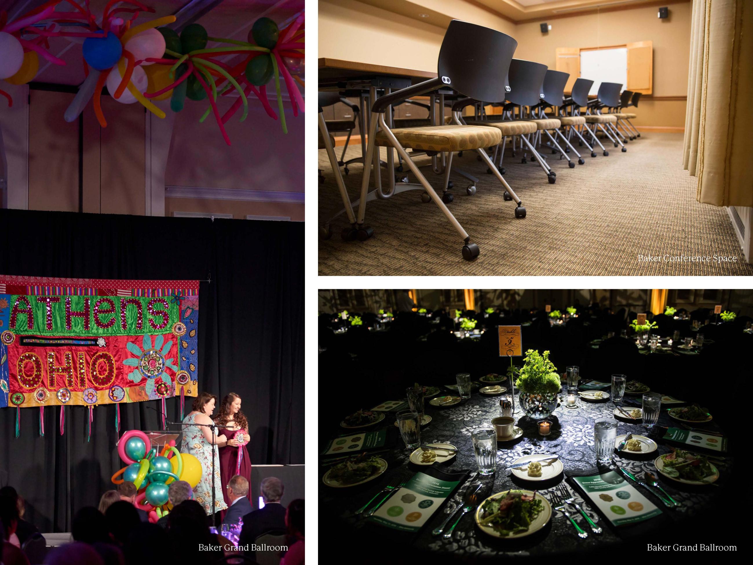 three photos- one of a PassionWorks event in Baker Ballroom, one of chairs lined up in a conference room in Baker, and the other of a table set up at an event in Baker Ballroom