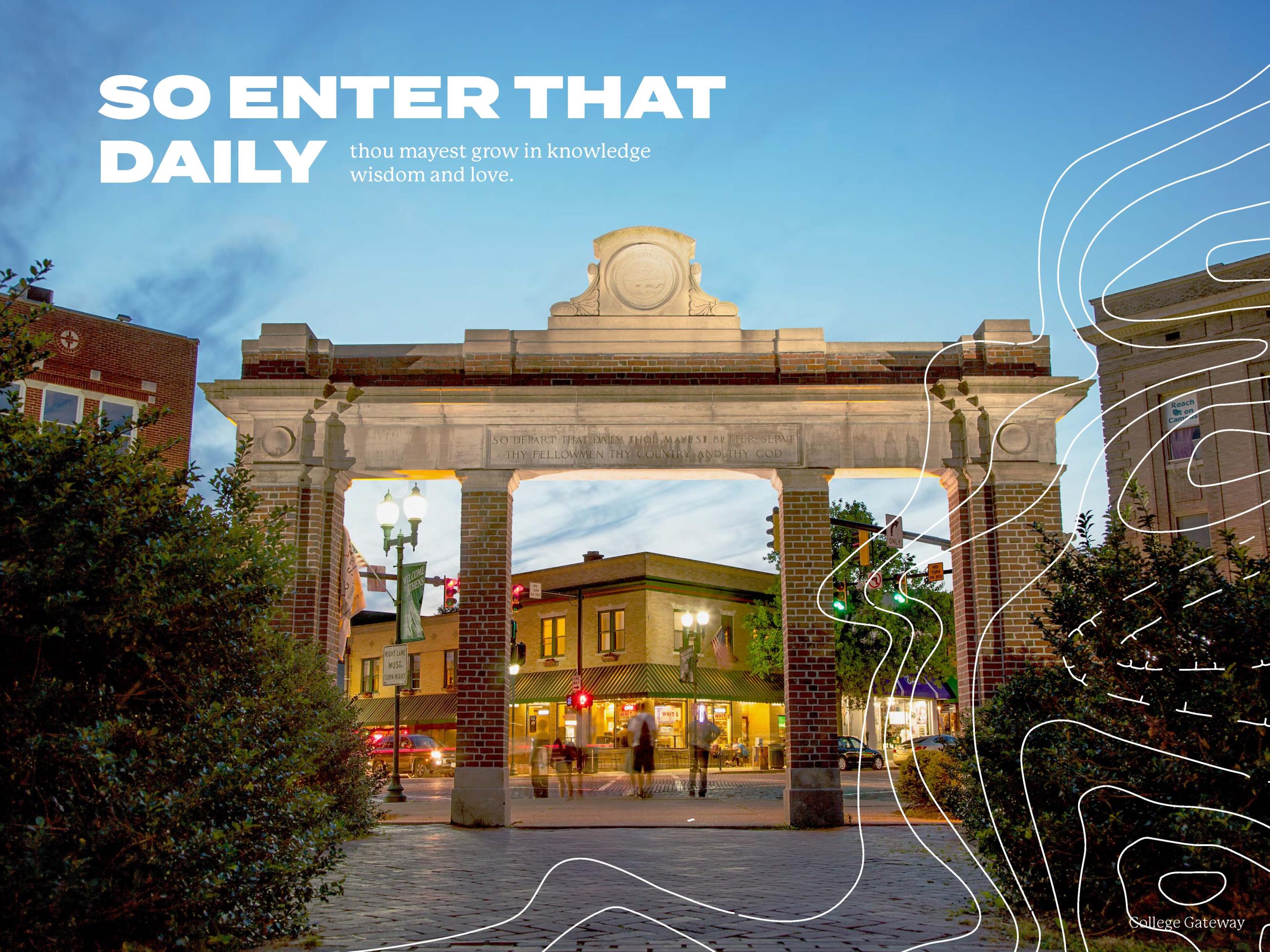 College Green with topography lines and text that says 'So Enter that Daily' written over the image