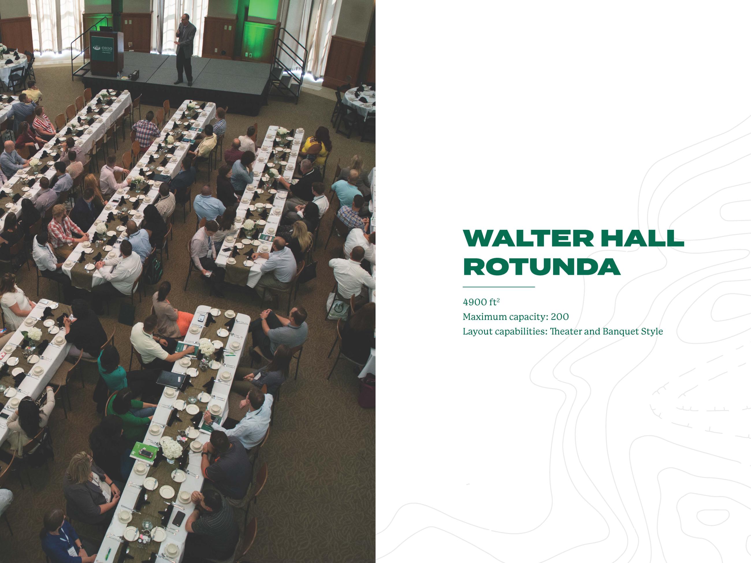 participants at tables set for food watching a speaking in Walter Rotunda. Text about the space to the right of the image
