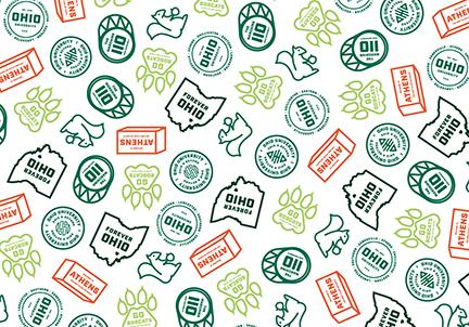 A pattern of different colored Ohio University designed badges