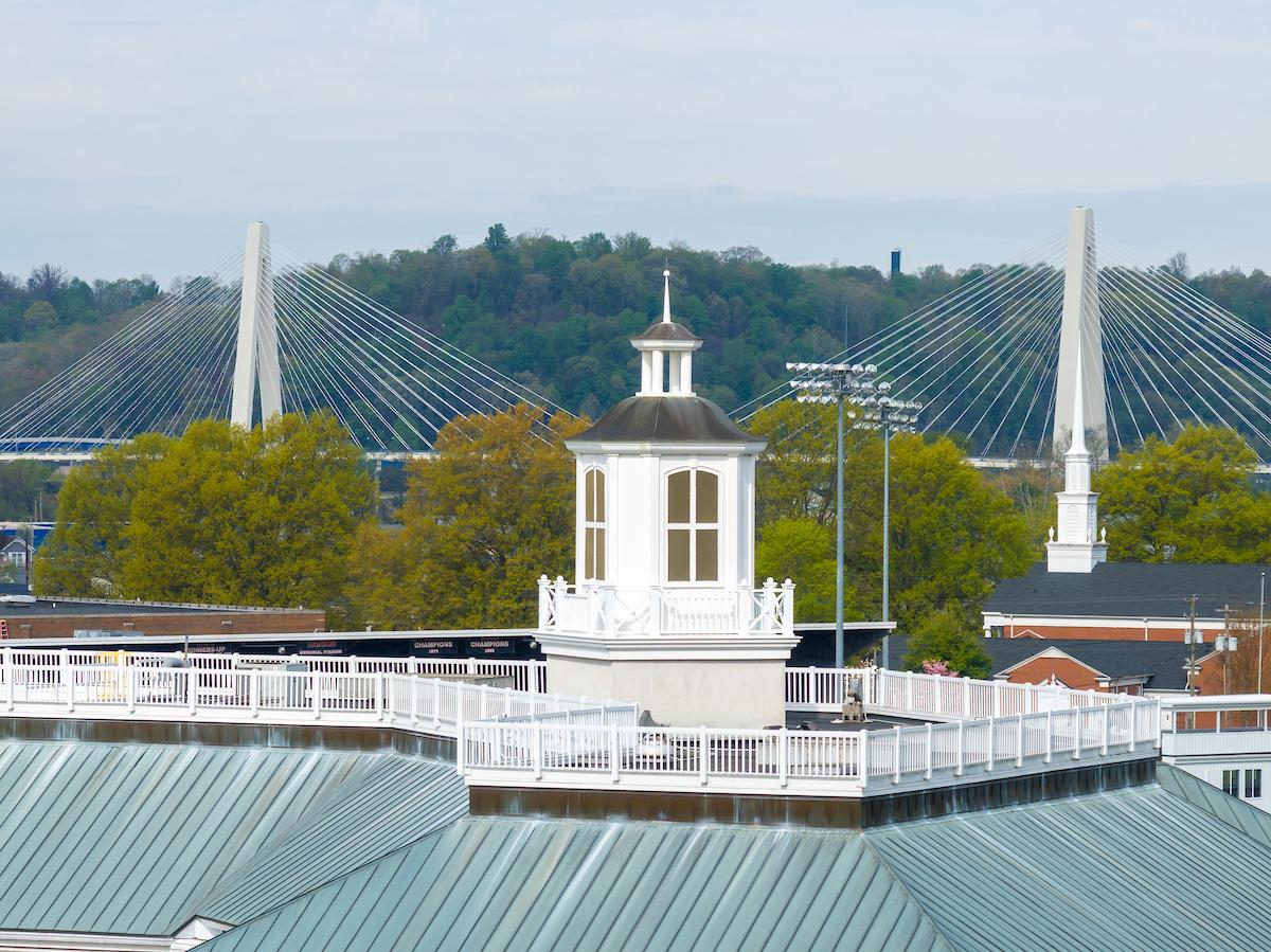 View of Riffe building with suspension bridges in background
