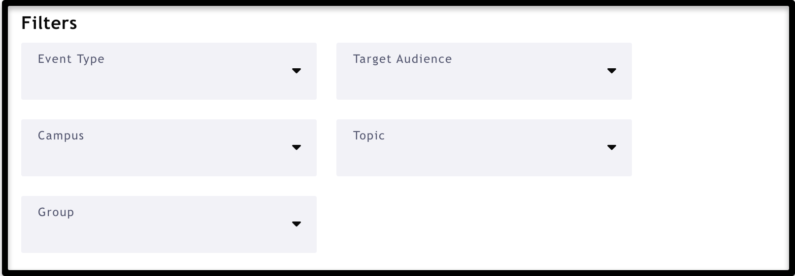 Screenshot of the event filters: Type, Campus, Groups, Target Audience, and Topic
