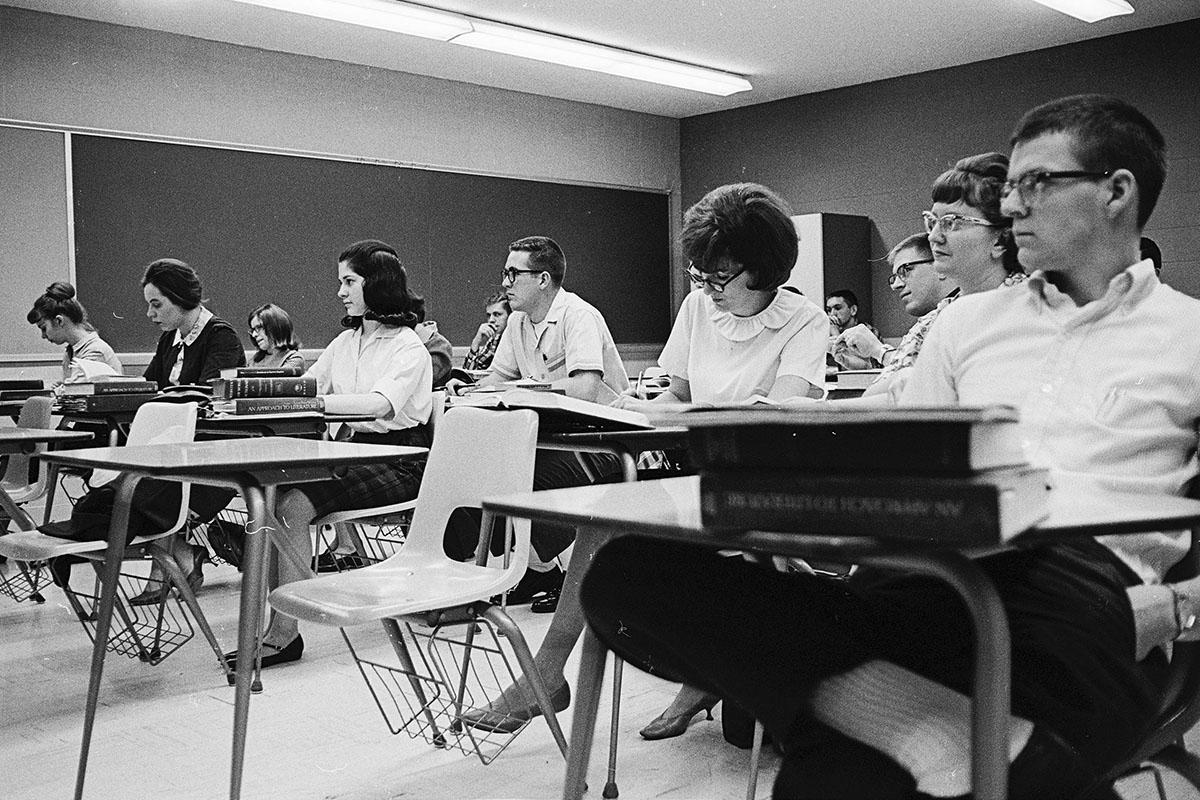 Students sit at desks in a classroom in a Chillicothe Campus English class in 1966.