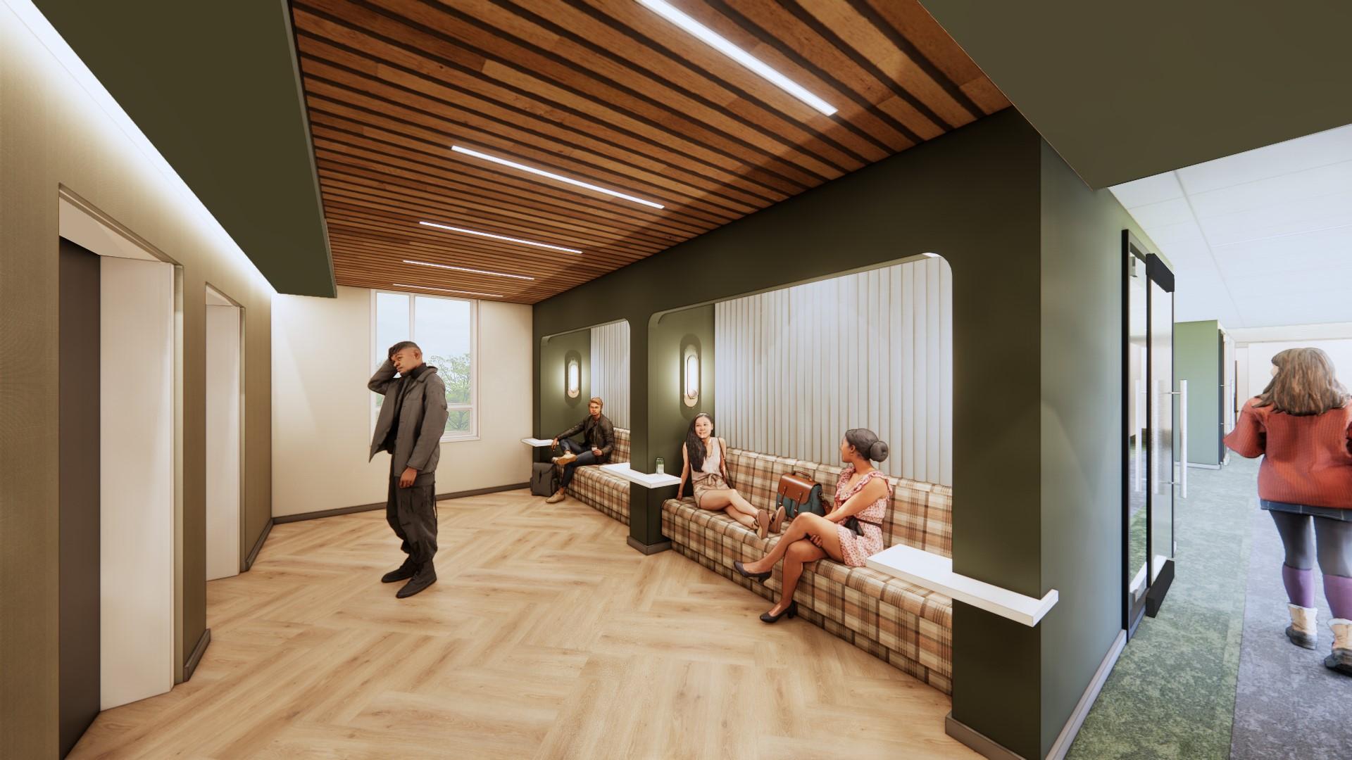 A typical elevator lobby in McDavis Hall.