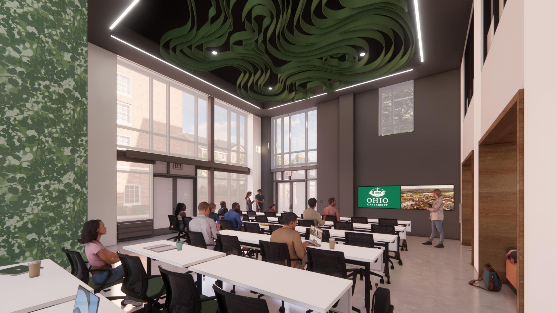 Multipurpose Room in McDavis Hall looking toward Mackinnon, Brown and Pickering Halls.