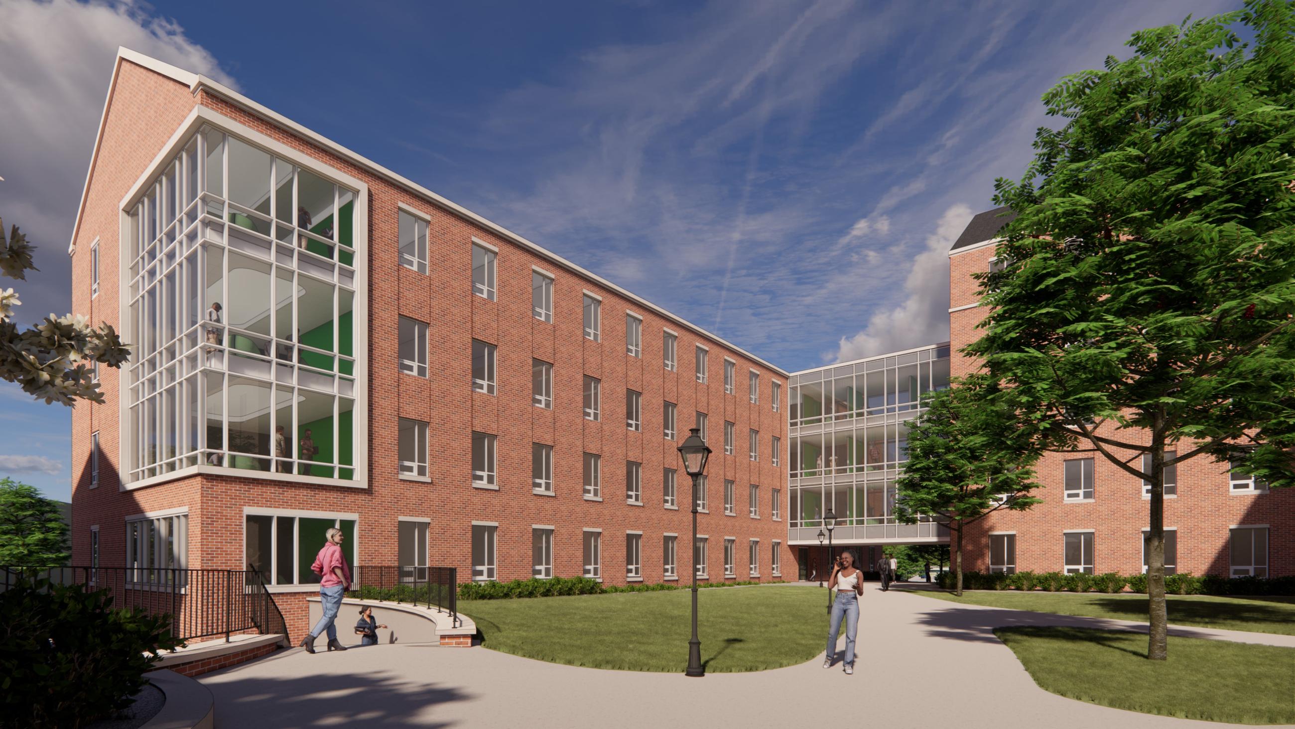New Elevated South Green Courtyard looking toward North Wing of McDavis Hall.