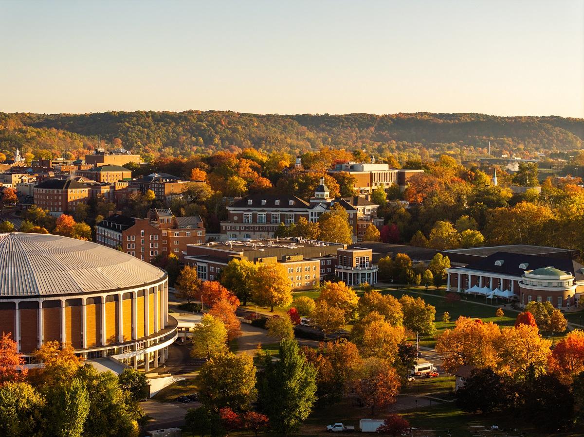 Aerial view of Ohio University campus with fall foliage