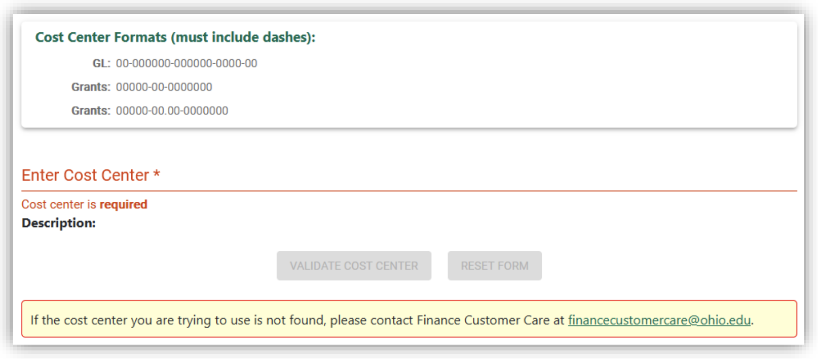 cost center formats