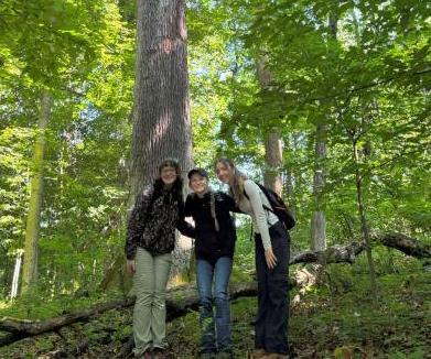 Three students pose for a photo in the woods.