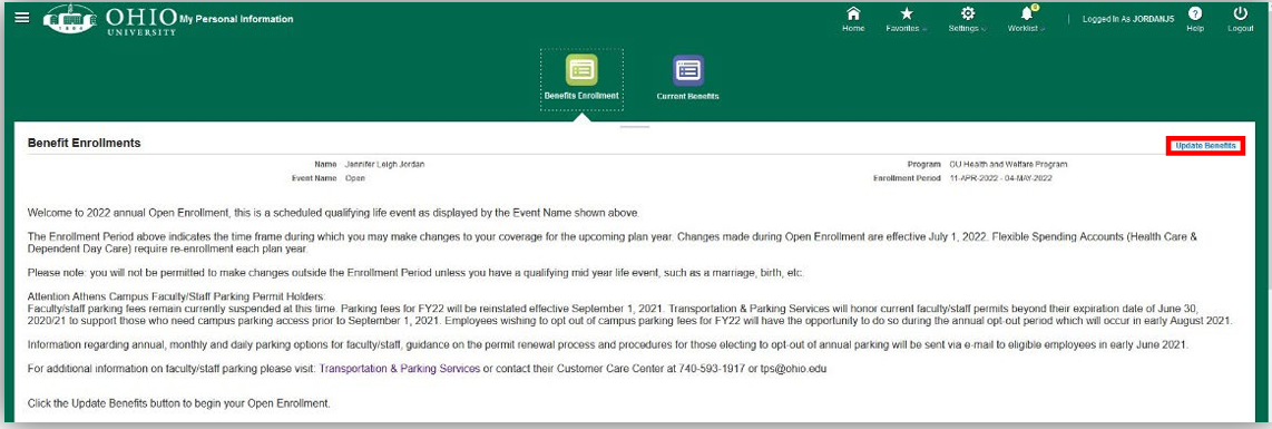 screenshot of benefit enrollment button in MPI, Benefits Self Service