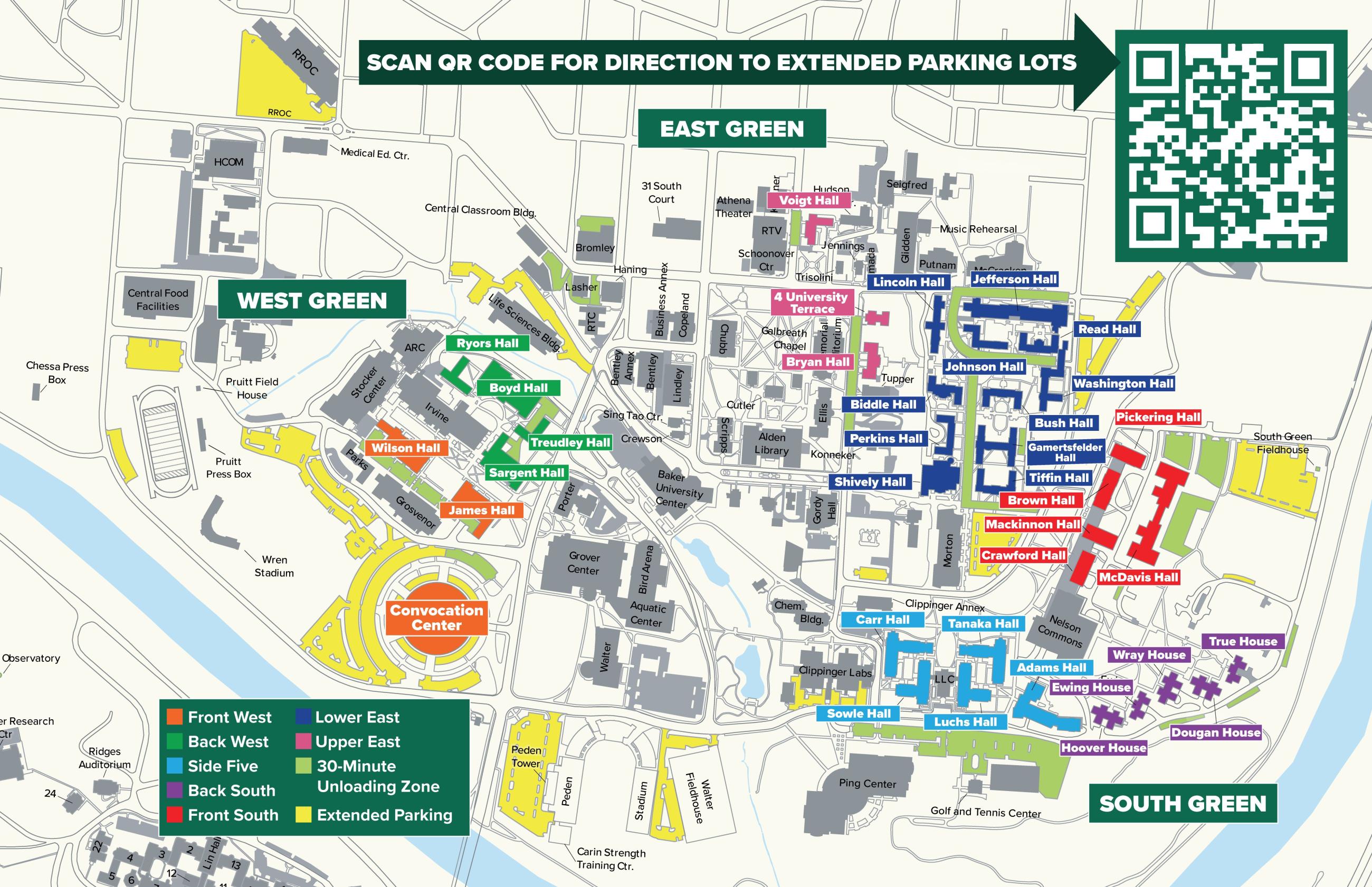 map of campus with parking lots highlighted for move-in