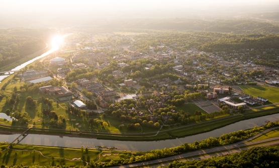 aerial shot of campus in the summer time from the Hocking River