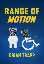 Upright standing person design with pig head and wheelchair symbol with wolf head.