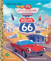 Animated red convertible driving Route 66.