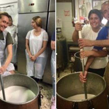 Students churning cheese