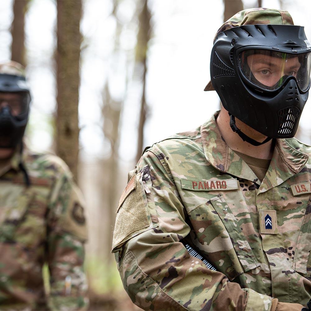 Two ROTC Airforce students during paintball.